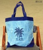 Navy and blue canvas tote bag with palm tree print, handcrafted Rajasthan, BU133