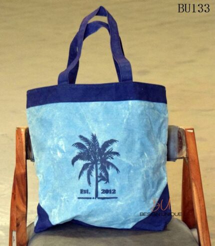 Navy and blue canvas tote bag with palm tree print, handcrafted Rajasthan, BU133