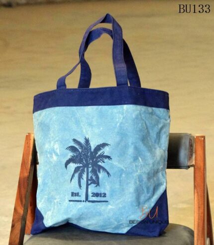 Navy and blue canvas tote bag with palm tree print, handcrafted Rajasthan, BU133
