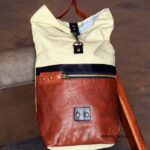 Off-white canvas and tan leather bucket backpack, handcrafted Rajasthan, BU181