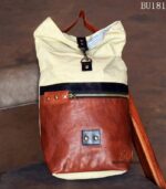 Off-white canvas and tan leather bucket backpack, handcrafted Rajasthan, BU181