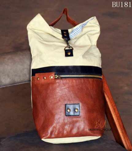 Off-white canvas and tan leather bucket backpack, handcrafted Rajasthan, BU181