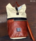 Off-white canvas and tan leather bucket backpack, handcrafted Rajasthan, BU181