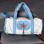 Off-white canvas duffle bag with blue trim and leather star appliqué, handcrafted Rajasthan, BU148