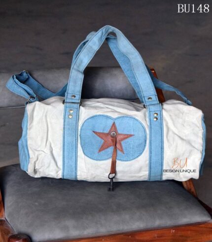 Off-white canvas duffle bag with blue trim and leather star appliqué, handcrafted Rajasthan, BU148