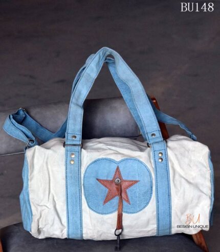Off-white canvas duffle bag with blue trim and leather star appliqué, handcrafted Rajasthan, BU148