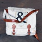 Off-white canvas messenger bag with ampersand pocket detail, handcrafted Rajasthan, BU174