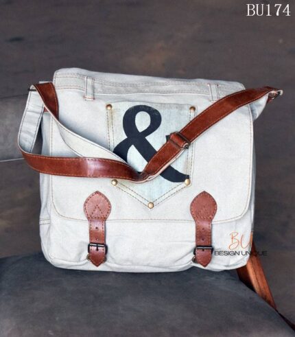 Off-white canvas messenger bag with ampersand pocket detail, handcrafted Rajasthan, BU174