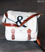 Off-white canvas messenger bag with ampersand pocket detail, handcrafted Rajasthan, BU174