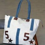 Off-white canvas tote bag with blue stripes and leather number appliqué, handcrafted Rajasthan, BU145