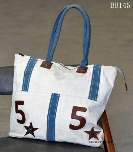 Off-white canvas tote bag with blue stripes and leather number appliqué, handcrafted Rajasthan, BU145