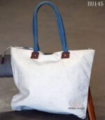 Off-white canvas tote bag with blue stripes and leather number appliqué, handcrafted Rajasthan, BU145