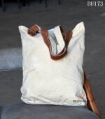 Off-white canvas tote bag with vintage numeral print and leather handles, handcrafted Rajasthan, BU173