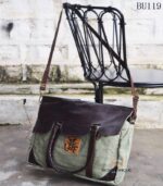 Olive canvas and leather vintage messenger bag, handcrafted Rajasthan, BU119