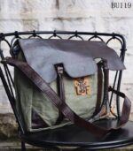 Olive canvas and leather vintage messenger bag, handcrafted Rajasthan, BU119