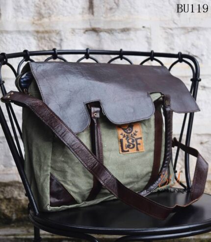 Olive canvas and leather vintage messenger bag, handcrafted Rajasthan, BU119
