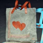 Olive canvas tote bag with handwoven trim and leather heart appliqué, handcrafted Rajasthan, BU153