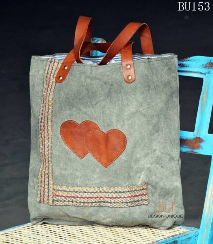 Olive canvas tote bag with handwoven trim and leather heart appliqué, handcrafted Rajasthan, BU153
