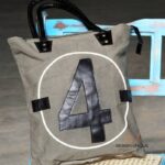 Olive-grey canvas tote bag with leather numeral appliqué, handcrafted Rajasthan, BU156