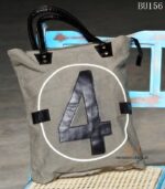 Olive-grey canvas tote bag with leather numeral appliqué, handcrafted Rajasthan, BU156