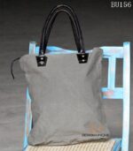 Olive-grey canvas tote bag with leather numeral appliqué, handcrafted Rajasthan, BU156