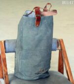 Olive-grey canvas tote bag with vintage numeral print and leather handles, handcrafted Rajasthan, BU147