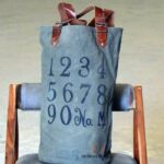 Olive-grey canvas tote bag with vintage numeral print and leather handles, handcrafted Rajasthan, BU147