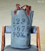 Olive-grey canvas tote bag with vintage numeral print and leather handles, handcrafted Rajasthan, BU147