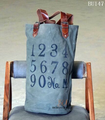 Olive-grey canvas tote bag with vintage numeral print and leather handles, handcrafted Rajasthan, BU147