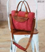 Pink fabric and leather laptop briefcase bag, handcrafted Rajasthan, BU116