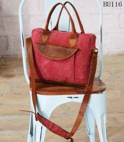Pink fabric and leather laptop briefcase bag, handcrafted Rajasthan, BU116