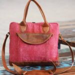 Pink fabric and leather laptop briefcase bag, handcrafted Rajasthan, BU116