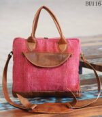 Pink fabric and leather laptop briefcase bag, handcrafted Rajasthan, BU116
