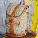 Printed textile backpack with tan leather trim, handcrafted Rajasthan block print, BU113