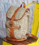 Printed textile backpack with tan leather trim, handcrafted Rajasthan block print, BU113