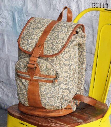 Printed textile backpack with tan leather trim, handcrafted Rajasthan block print, BU113