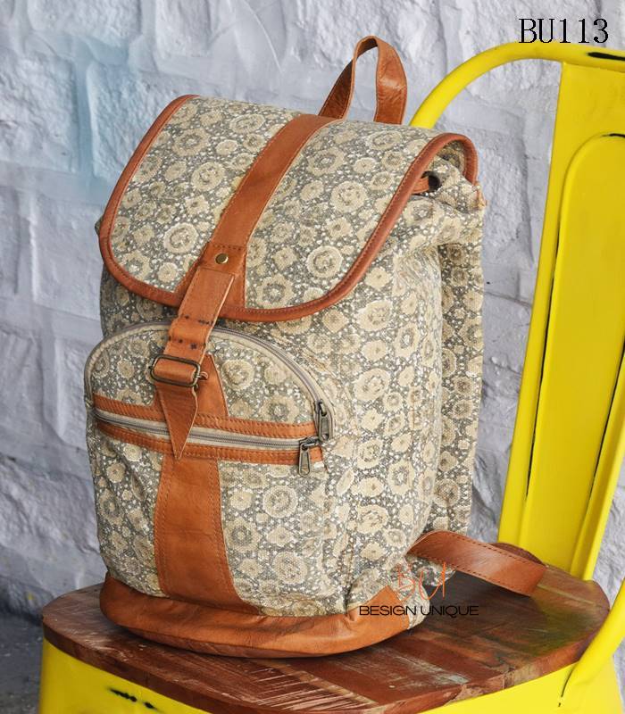 Printed textile backpack with tan leather trim, handcrafted Rajasthan block print, BU113 Printed textile backpack with tan leather trim, handcrafted Rajasthan block print, BU113