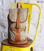 Printed textile backpack with tan leather trim, handcrafted Rajasthan block print, BU113