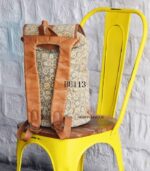 Printed textile backpack with tan leather trim, handcrafted Rajasthan block print, BU113