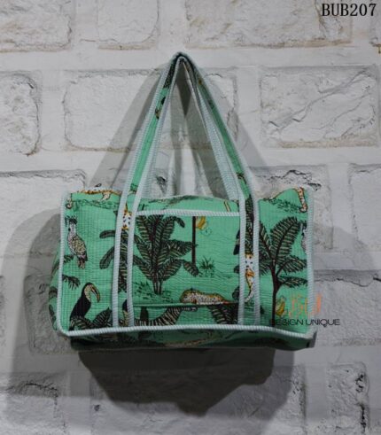 Quilted cotton duffle bag with jungle wildlife print, handcrafted Rajasthan, BUB207