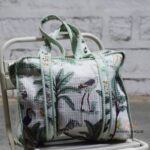 Quilted cotton tote bag with tropical bird and palm print, handcrafted Rajasthan, BUB206