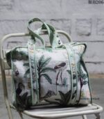 Quilted cotton tote bag with tropical bird and palm print, handcrafted Rajasthan, BUB206