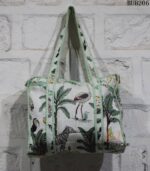 Quilted cotton tote bag with tropical bird and palm print, handcrafted Rajasthan, BUB206