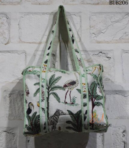Quilted cotton tote bag with tropical bird and palm print, handcrafted Rajasthan, BUB206