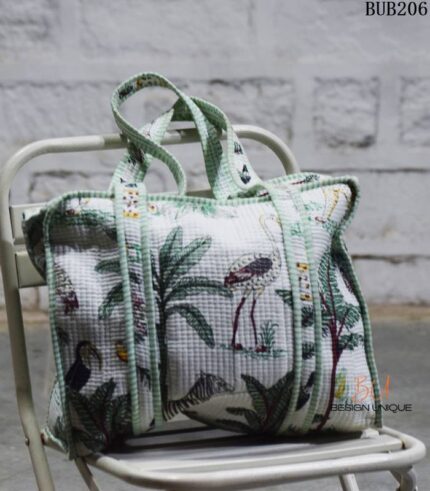 Quilted cotton tote bag with tropical bird and palm print, handcrafted Rajasthan, BUB206