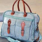 Sage green canvas briefcase bag with tan leather trim, handcrafted Rajasthan, BU135