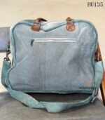 Sage green canvas briefcase bag with tan leather trim, handcrafted Rajasthan, BU135