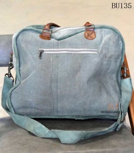 Sage green canvas briefcase bag with tan leather trim, handcrafted Rajasthan, BU135
