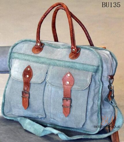 Sage green canvas briefcase bag with tan leather trim, handcrafted Rajasthan, BU135
