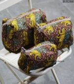 Set of three kantha print quilted pouch bags with leopard pattern, handcrafted Rajasthan, BUB208